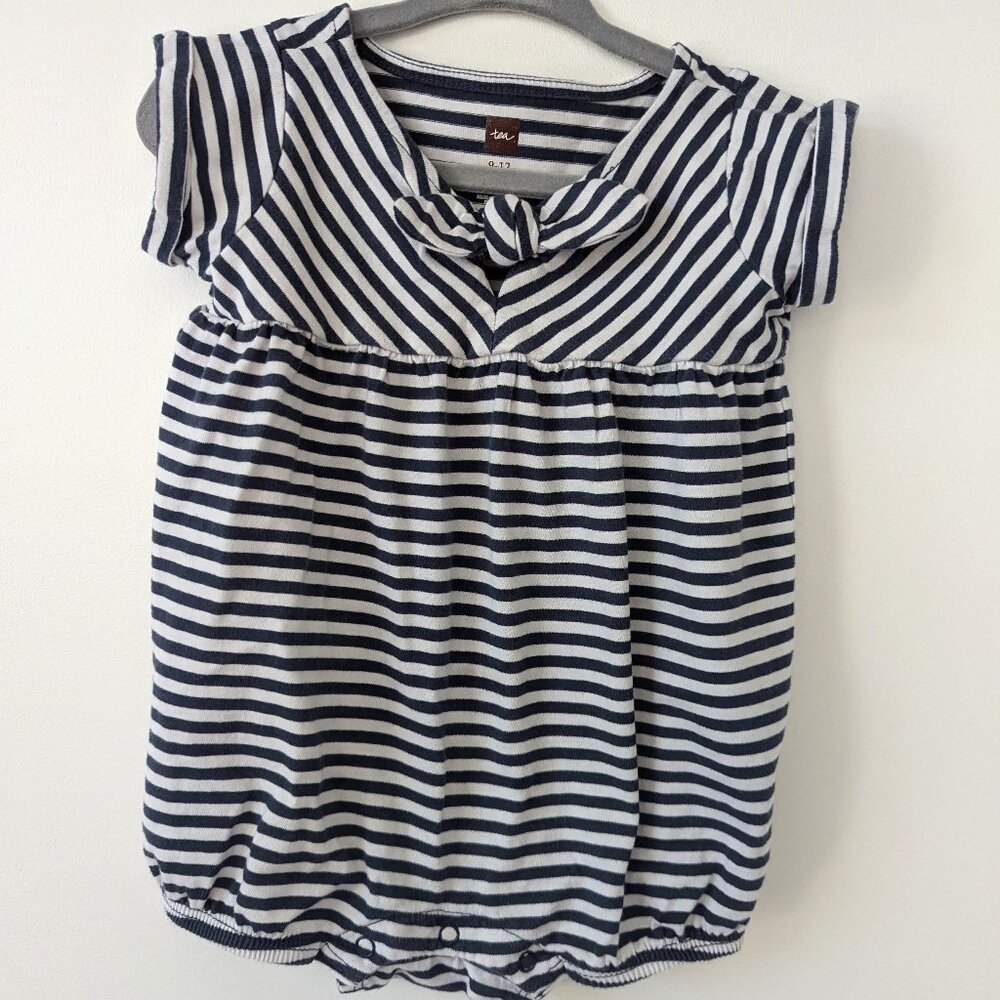 Striped Bubble Romper with a tied bow detail by Tea Collection